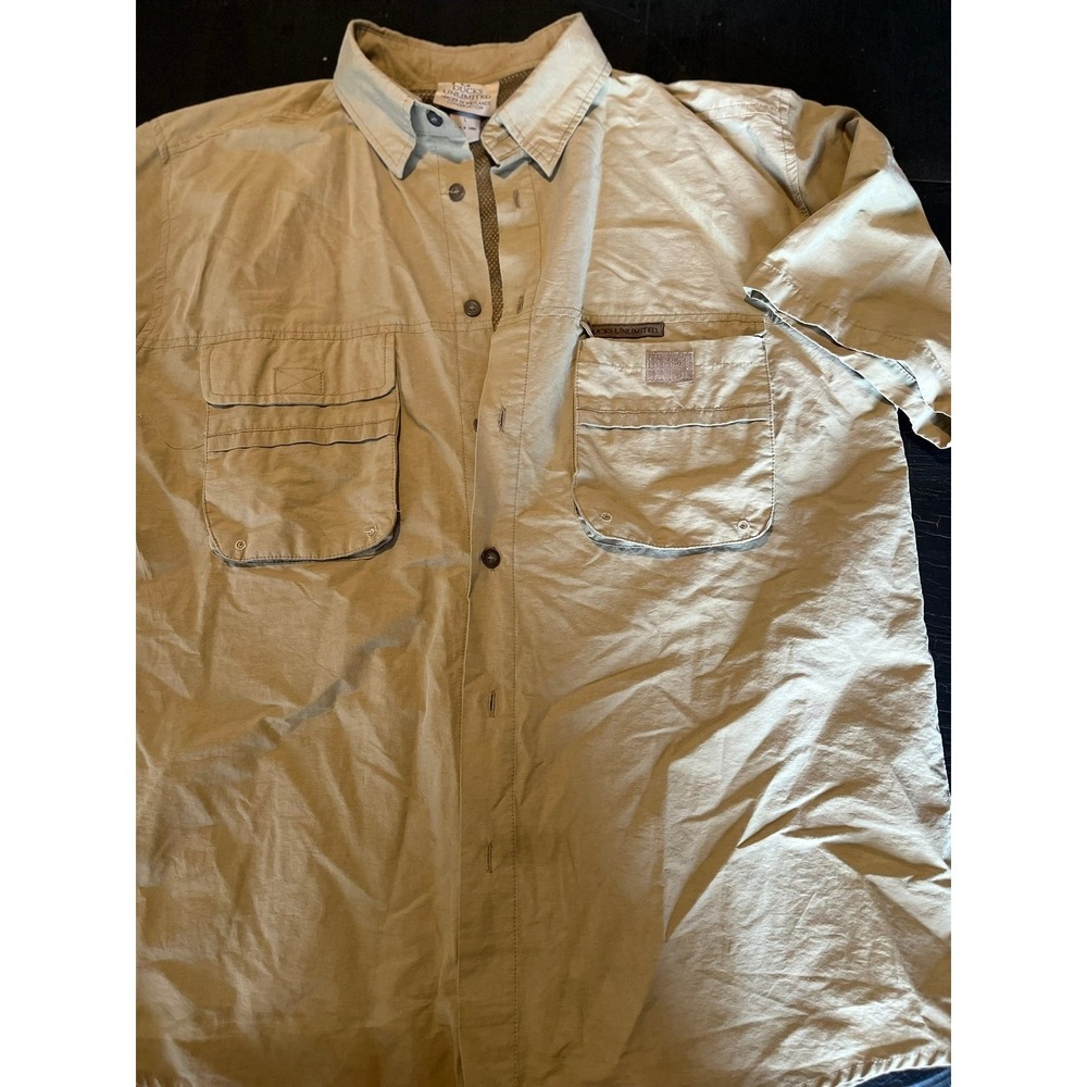 Ducks Unlimited Fishing Shirt L‎ Button Up Outdoors Utility Pockets Beige